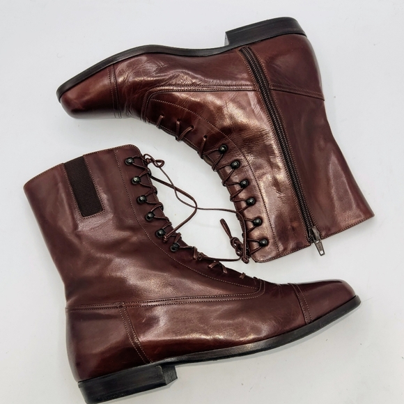 Lorenzo Banfi Leather Lace-up Zip Combat Boots In Cognac Brown Size 38 - Picture 8 of 16